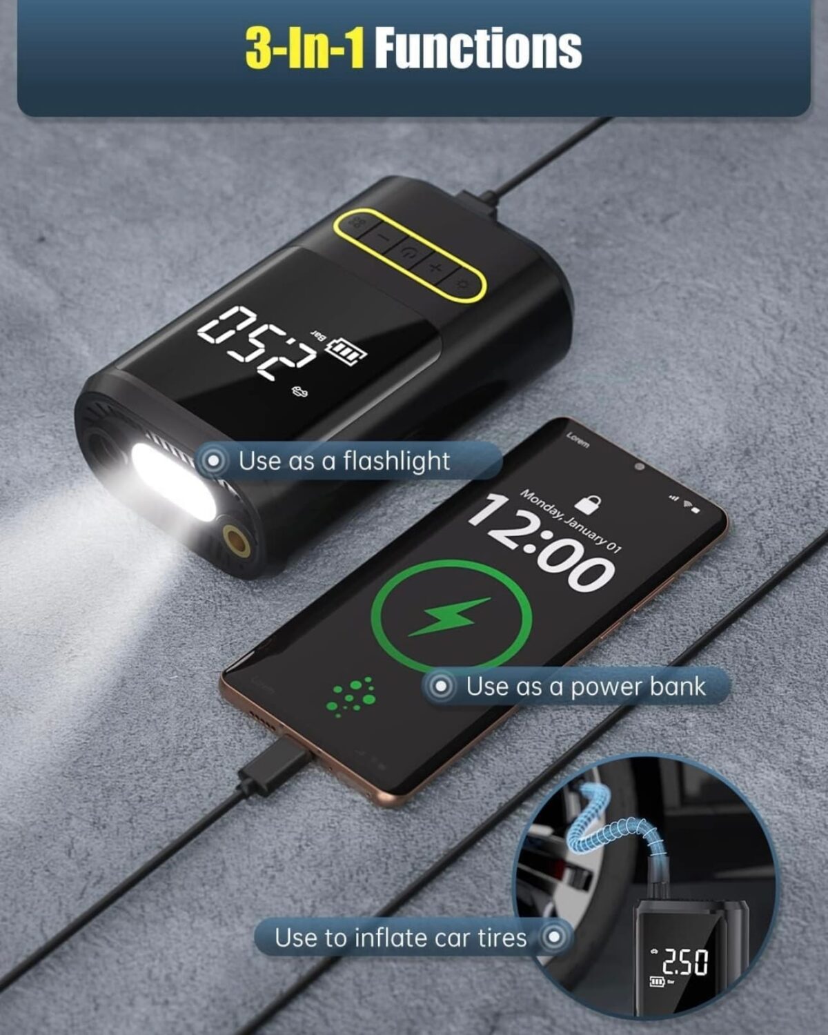 Portable Wireless Tire Inflator Air Compressor Pump For Cars, Motorcycles & Bicycles - Image 5