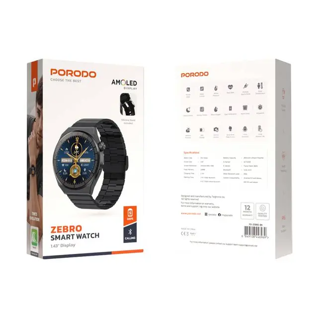 Porodo Zebro Smart Watch Black dial Black Metal strap - Image 4