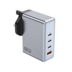 Green Lion GaN UK Plug Wall Charger with 100W Power Delivery, 0%-50% Charge in 30 Minutes,USB-C & USB-A Ports - Gray