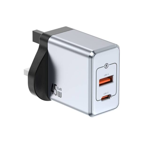 Green Lion GaN UK Plug Wall Charger with 45W Power Delivery,USB-C & USB-A Ports - Gray