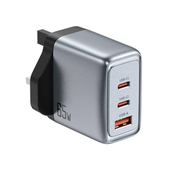 Green Lion GaN UK Plug Wall Charger with 65W Power Delivery, Dual USB-C & USB-A Ports - Gray