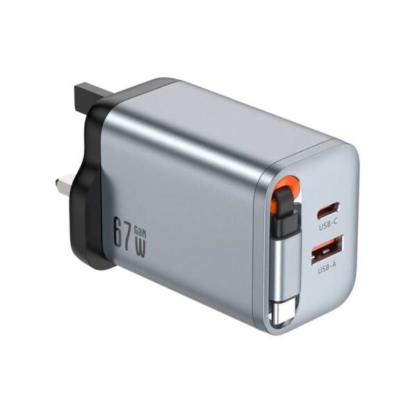 Green Lion GaN UK Plug Wall Charger with 67W Power & Type-C Cable - Gray
